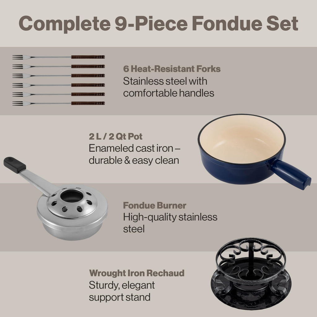 Swissmar Lugano Cast Iron Cheese Fondue Set, 9-Piece, 2 QT / 2 L - Ideal for Melting Cheese, Chocolates, Caramel, & More - Perfect for Kitchen Collection & Gift Giving - Matte Black