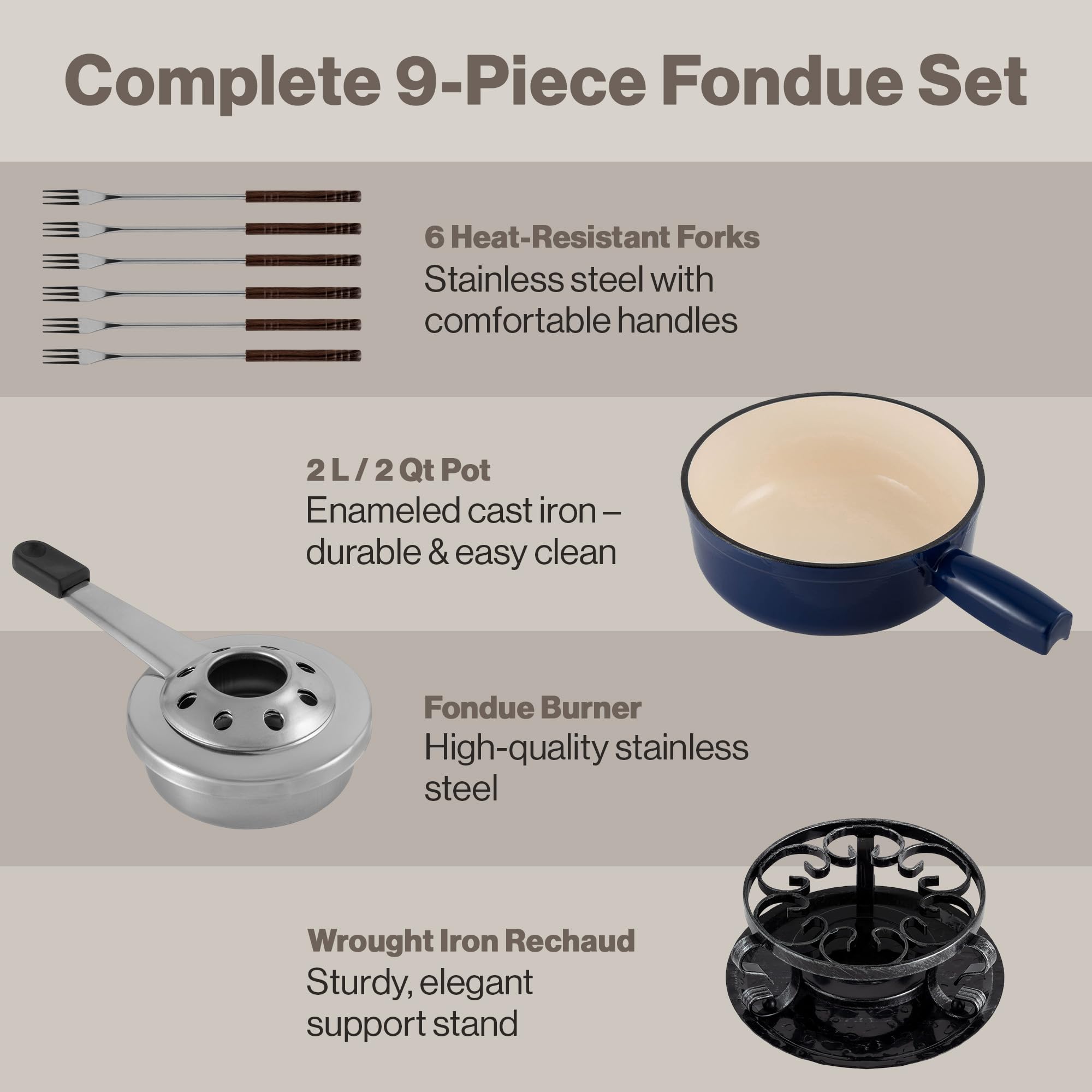 Swissmar Lugano Cast Iron Cheese Fondue Set, 9-Piece, 2 QT / 2 L - Ideal for Melting Cheese, Chocolates, Caramel, & More - Perfect for Kitchen Collection & Gift Giving - Matte Black