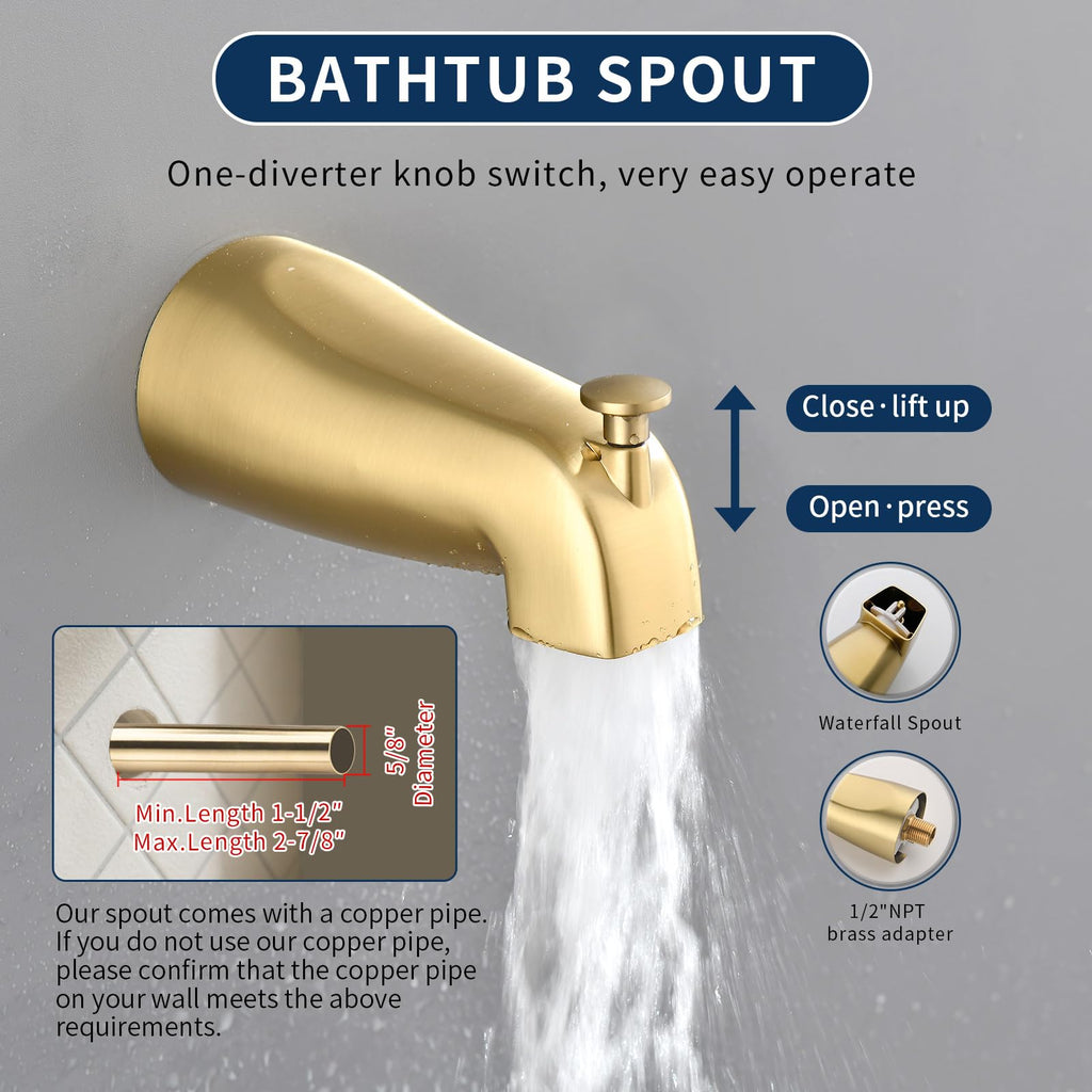 Shower Tub Kit Tub Shower Faucet Combo Set Bathtub Faucet Set Shower System with Tub Spout Shower Valve and Trim Kit Shower Fixtures Brushed Gold