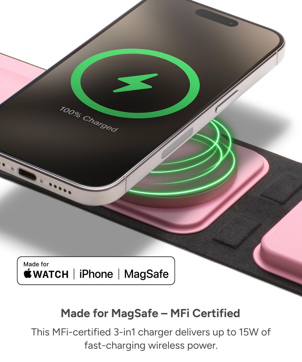 Mophie 3-in-1 Travel Charger with MagSafe - Portable Wireless Charging Hub, Compatible w/Apple Devices, iPhone 17/16/15/14/13/12 Series, Apple Watch Series 11 to 1 & Ultra, AirPods Pro/3rd Gen, Black