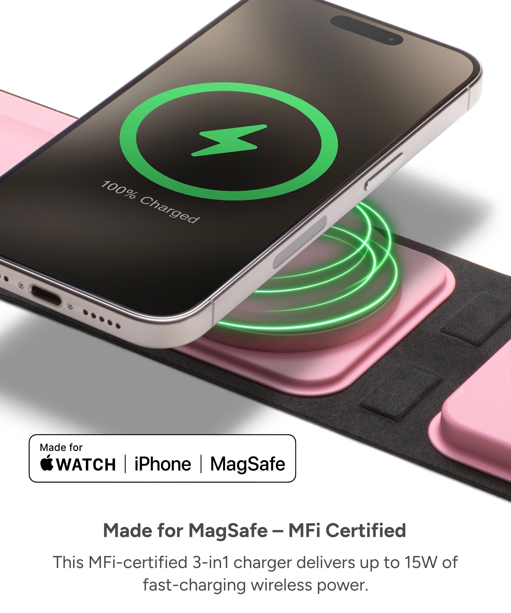 Mophie 3-in-1 Travel Charger with MagSafe - Portable Wireless Charging Hub, Compatible w/Apple Devices, iPhone 17/16/15/14/13/12 Series, Apple Watch Series 11 to 1 & Ultra, AirPods Pro/3rd Gen, Black