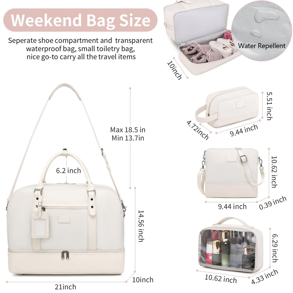 Wogarl 4PCS Weekender Bags for Women Large Overnight Weekend Travel Duffel Carry on Shoulder with Shoe Compartment Canvas Toiletry Bag for Travel Business Gym