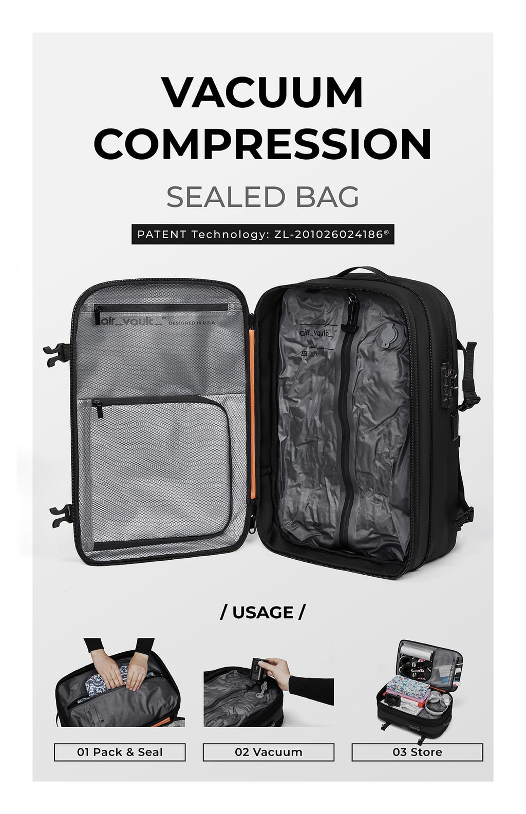 AirVault Vacuum Seal Travel Backpack 60L with Expandable HyperSeal Air Compression Vacuum System Water Resistant TSA Lock (Vacuum Pump Included, Black, 60L)