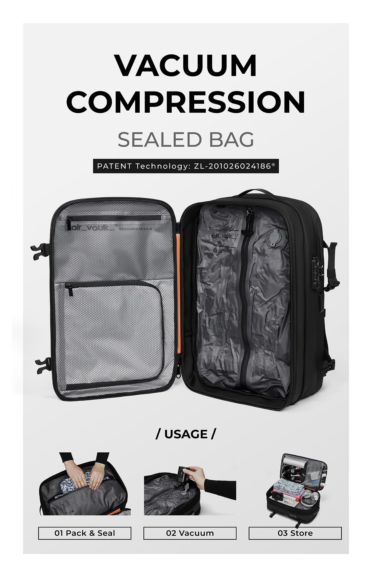 AirVault Vacuum Seal Travel Backpack 60L with Expandable HyperSeal Air Compression Vacuum System Water Resistant TSA Lock (Vacuum Pump Included, Black, 60L)
