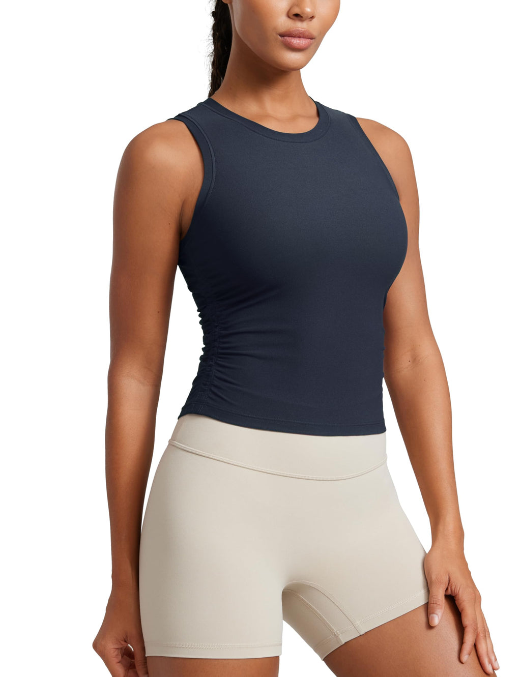CRZ YOGA Cloudweight Womens Ruched Tank High Neck Workout Fitted Tops Basic Yoga Athletic Sleeveless Shirts