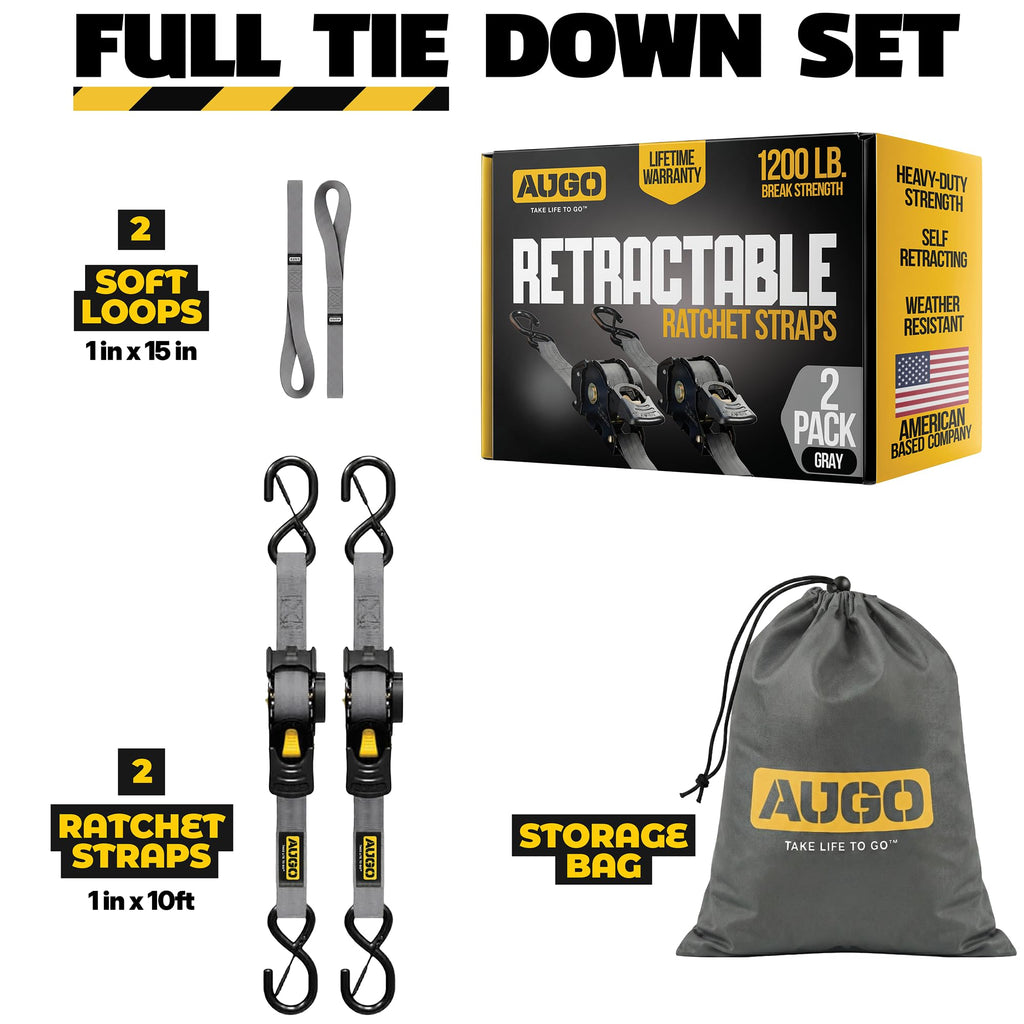 AUGO Retractable Ratchet Straps | 2 Heavy Duty Ratchet Straps Self Retractable Tie Downs with Soft Loops & Storage Bag for Motorcycle, Truck, Trailer, Cargo Van | 1200 Lb Break Strength 1” x 10’