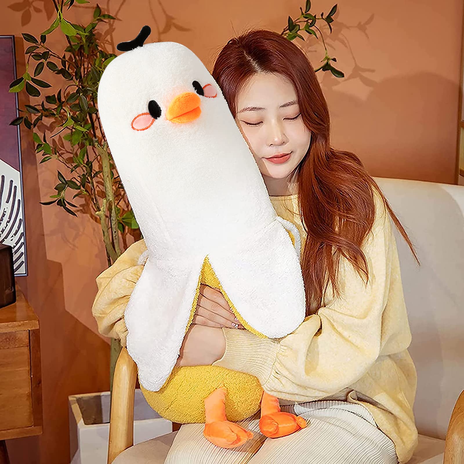 PEACH CAT Cute Banana Duck Stuffed Animal Long Banana Chef Duck Plush Pillow for Girls and Boys White 12"
