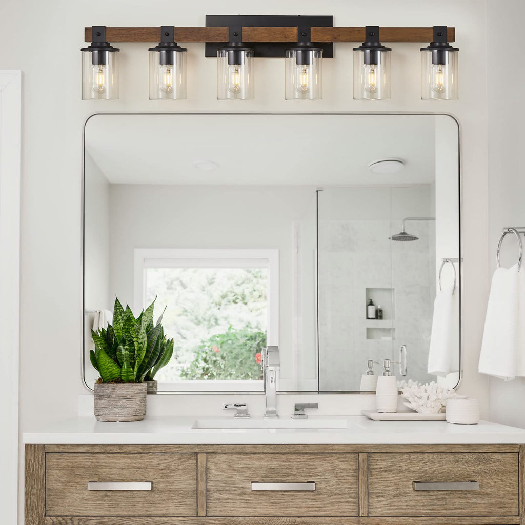 DUJAHMLAND Farmhouse Vanity Light Fixture,3-Light Bathroom Wood Wall Light Over Mirror with Clear Glass Shade, Rustic Vintage Wall Sconce Lighting.(Antique Wood, 3-Light)