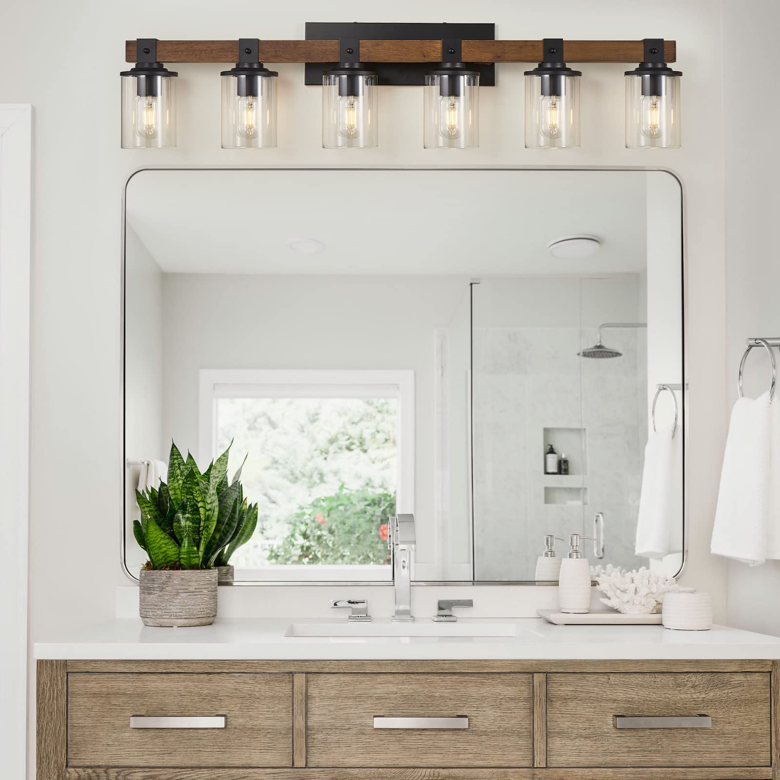 DUJAHMLAND Farmhouse Vanity Light Fixture,3-Light Bathroom Wood Wall Light Over Mirror with Clear Glass Shade, Rustic Vintage Wall Sconce Lighting.(Antique Wood, 3-Light)