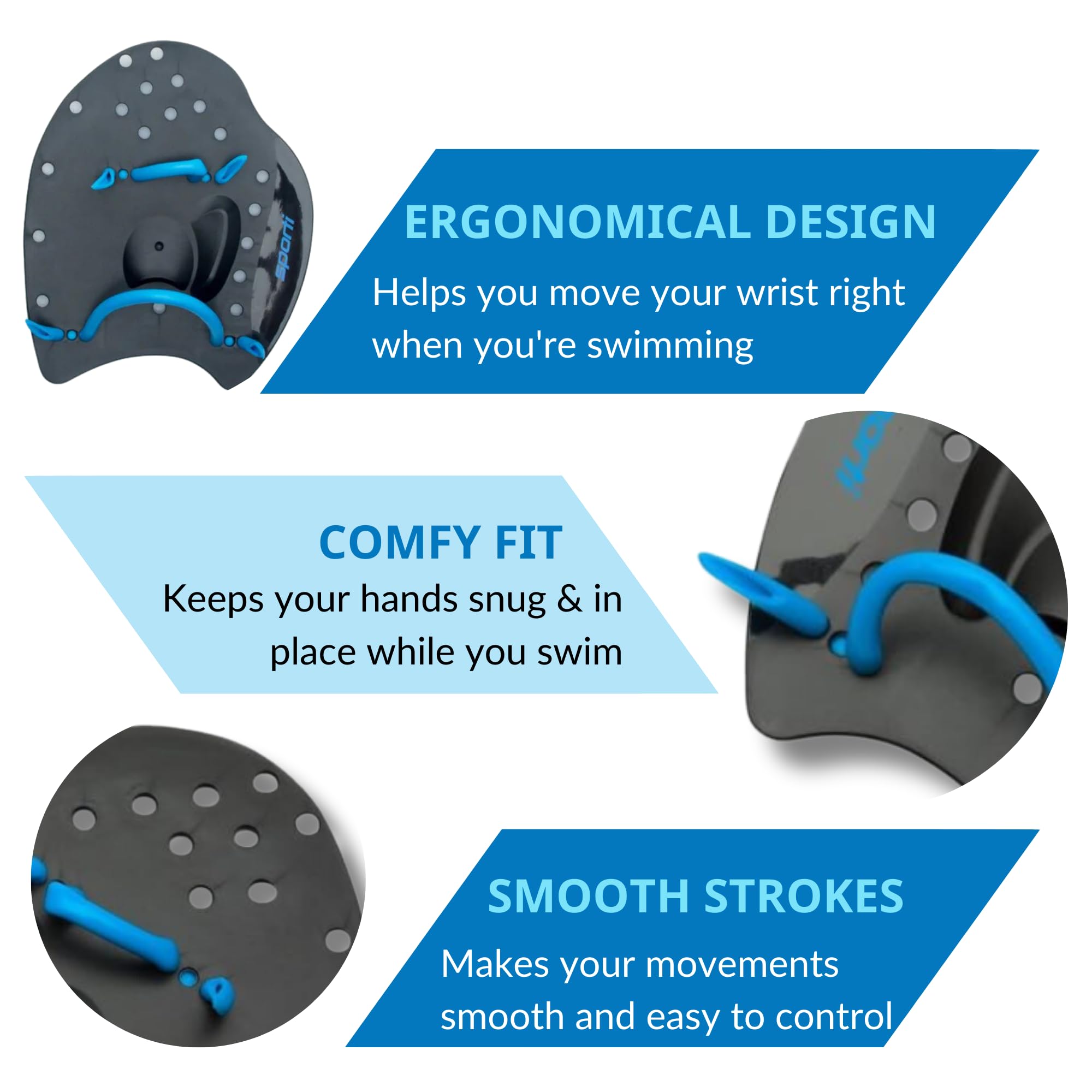 𝗦𝗽𝗼𝗿𝘁𝗶 Power Swim Paddles for Lap Swimming - Adjustable Straps - Lap Swimming Gears - Hand Paddles for Adults & Kids