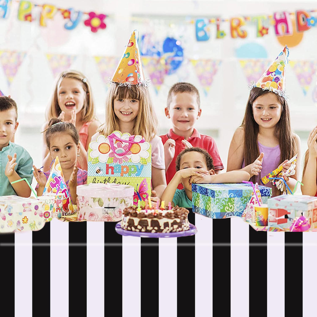 Kesfey 3 Packs Black and White Horizontal Striped Table Cloth 54 x 108 Inch Classic Black Stripe Tablecloths Disposable Plastic Stripe Table Covers Waterproof Picnic Tablecover for Halloween Party