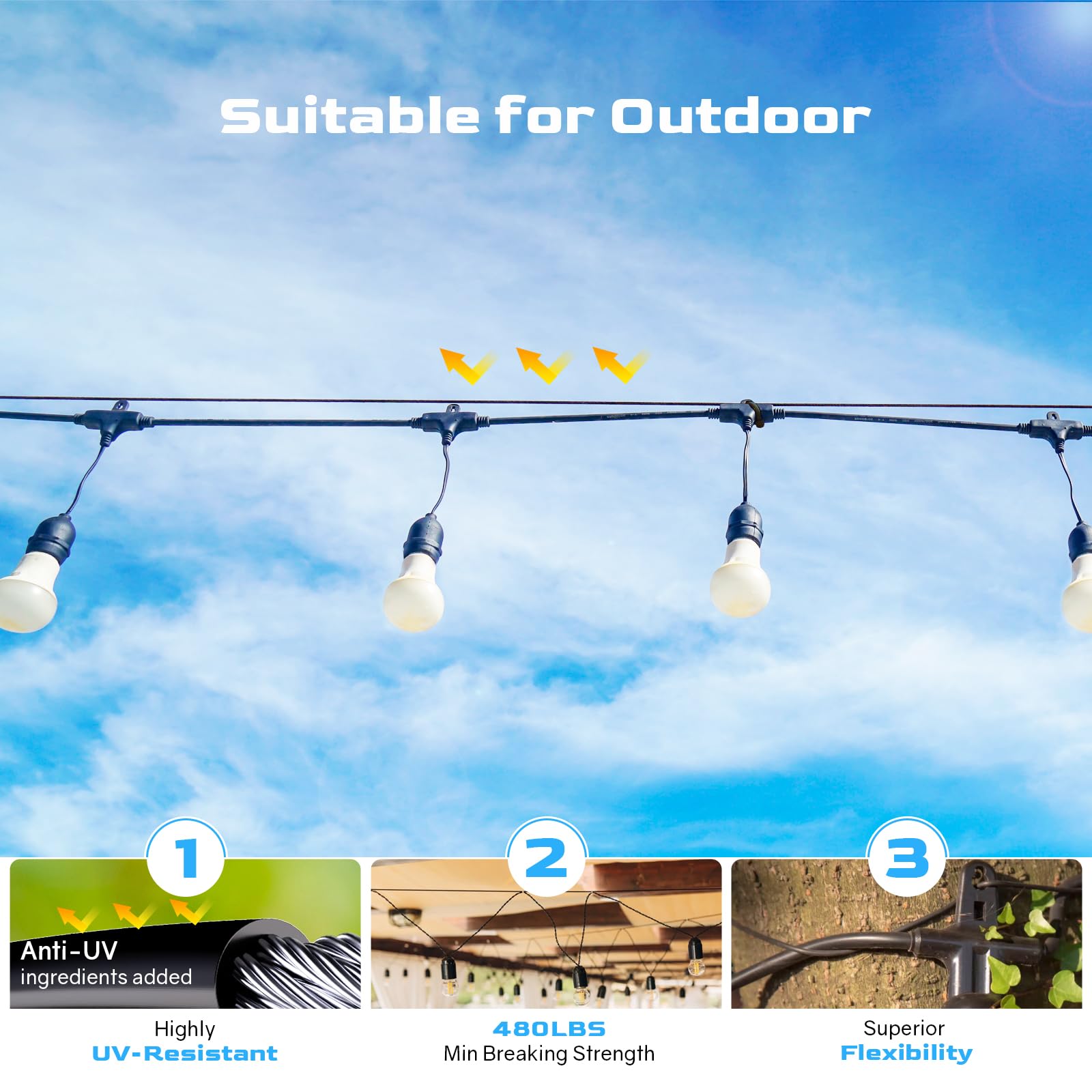 NEREUS String Light Hanging Kit with 164 Ft Vinyl Coated 304 Stainless Steel Cable, String Light Suspension Kit, Guide Wire with Turnbuckles and Hooks for Patio, Backyard Lighting Accessories