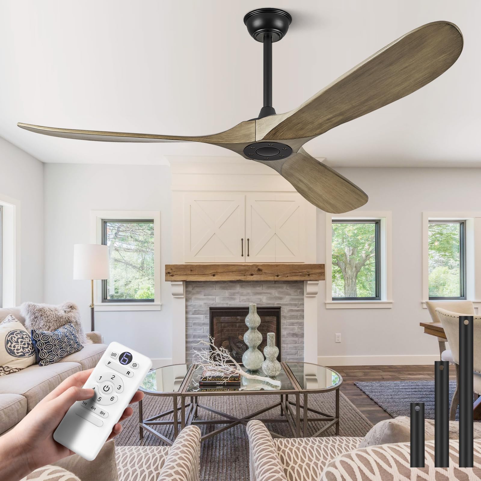 ABZ Ceiling Fans without Lights - 52 Inch Modern Ceiling Fans no Lights with Remote Control, Black 3 Blade Solid Wood Indoor Outdoor Ceiling Fans for Patios Living Room Bedroom