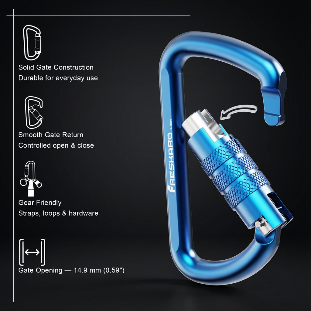 FresKaro 3inch 12kN-2698lbs Auto Locking Carabiner Clips, Solid D Shape, Heavy Duty 7075 Aluminum, Lightweight 1.09oz, Rust Proof, for Hammock, Hiking, Dog Leash, Keychain etc., Multi-Colors