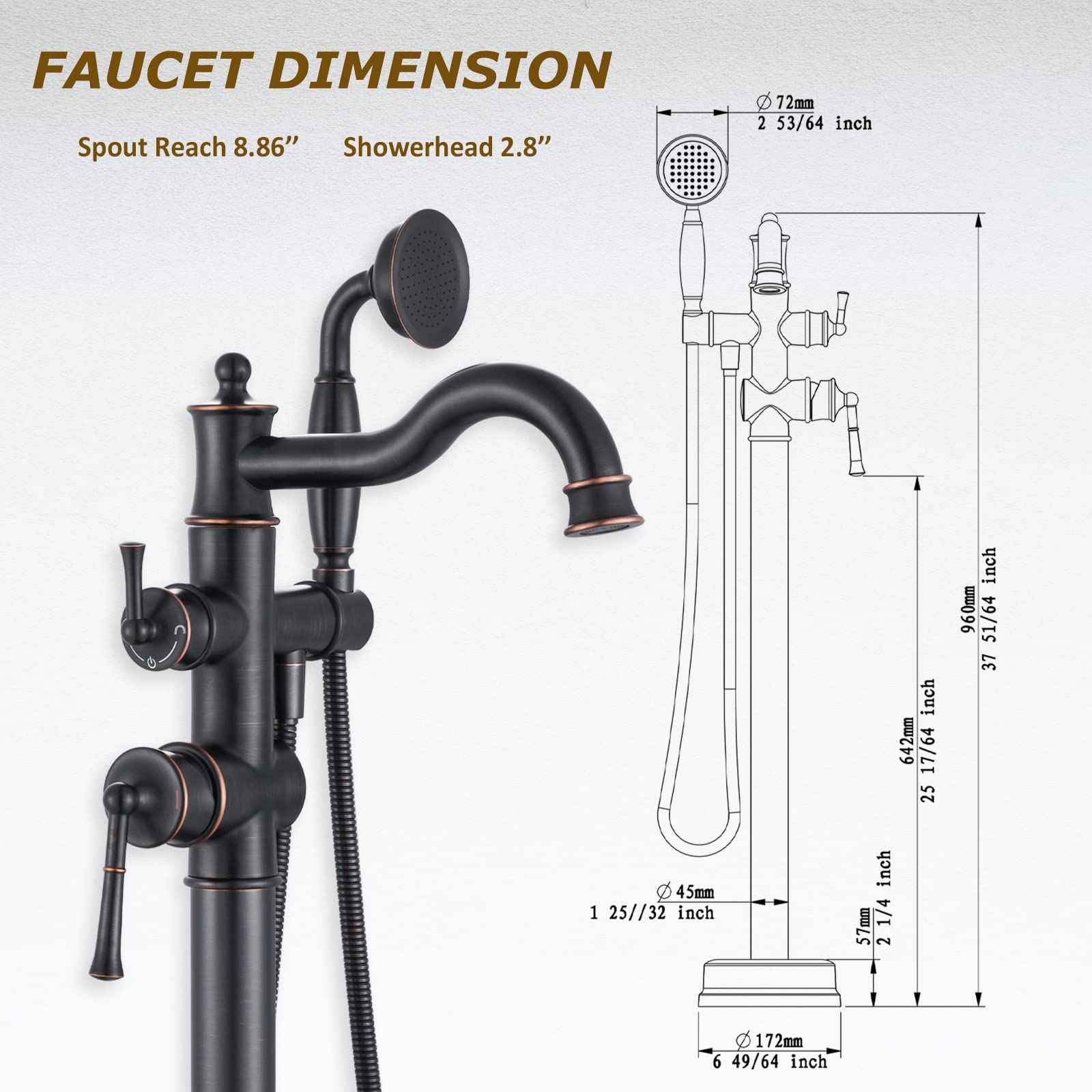 Freestanding Floor Mount Tub Filler with Handheld Shower Roman Bathtub Faucet by Brushed Gold Finish, Swivel Spout with Brass Rough-in and Water Hose