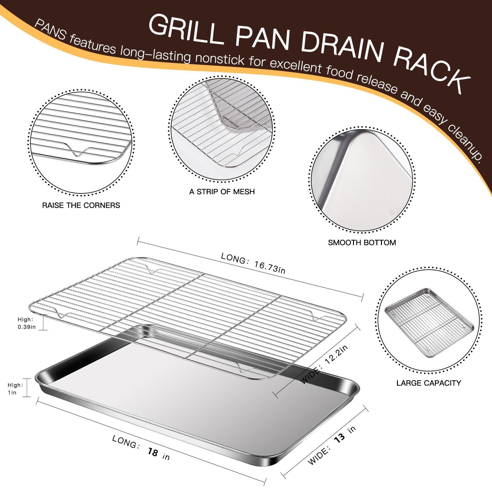 Stainless Steel Baking Sheet Set of 2-16" x 12" x 1" Heavy Duty Cookie Sheets for Baking, Rust & Warp Resistant Oven Tray, Non Toxic & Dishwasher Safe Baking Pans for Cooking, Roasting, Broiling