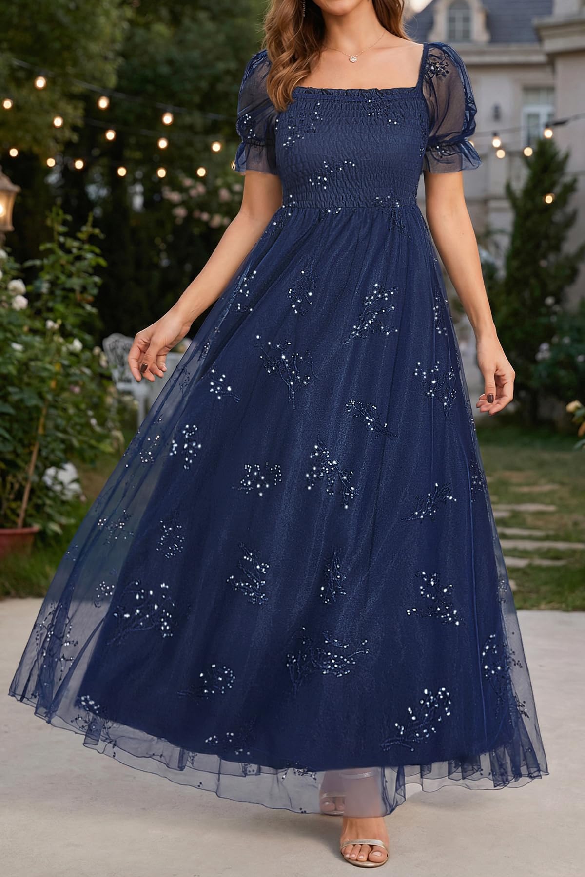 Plus Size Formal Dresses - Bridesmaid Leaf Embroidery with Sequin Tulle Prom Long Dress