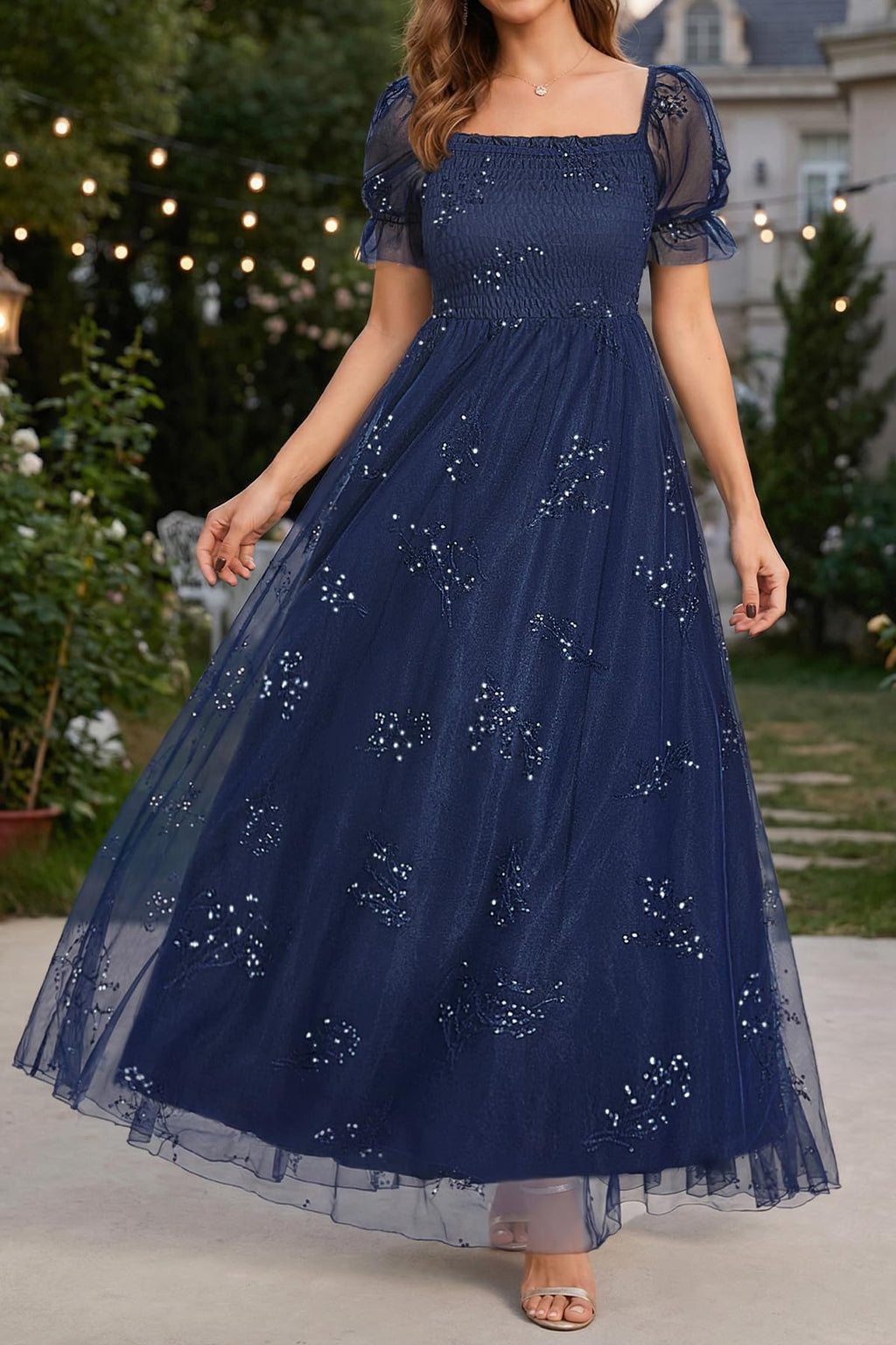 Plus Size Formal Dresses - Bridesmaid Leaf Embroidery with Sequin Tulle Prom Long Dress