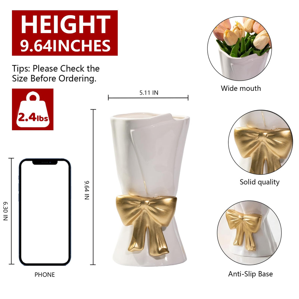 Relexome Beige Ceramic Bow Vase 9.64 in Unique Cute Modern Decorative Bouquet Flower Vases for Home Living Room Table Decor Women Girl Gifts