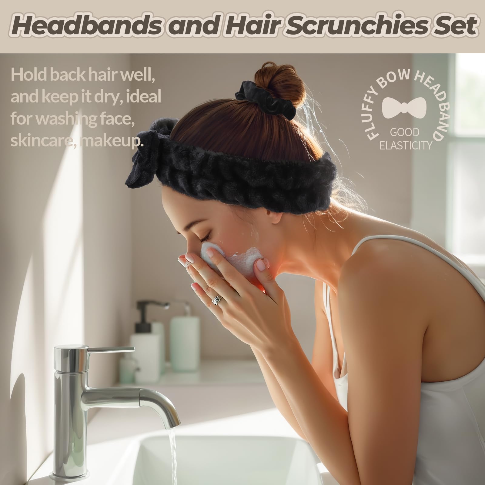 LEOBRO Spa Headband, 6pcs Makeup Headbands and Hair Scrunchies, Bow Skin Care Headband for Washing Face for Teen Girls Women, Easter Basket Valentines Gifts for Girls, Black & White & Gray