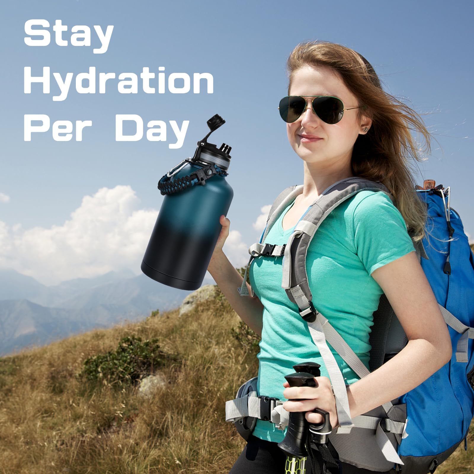 GAZLEMHO 40 oz Insulated Water Bottle with Straw& Spout 2-in-1 Lid, Triple Wall Vacuum Stainless Steel Cold 48H, Leak Proof Sports Metal Flask Jug with Paracord Handle, Black