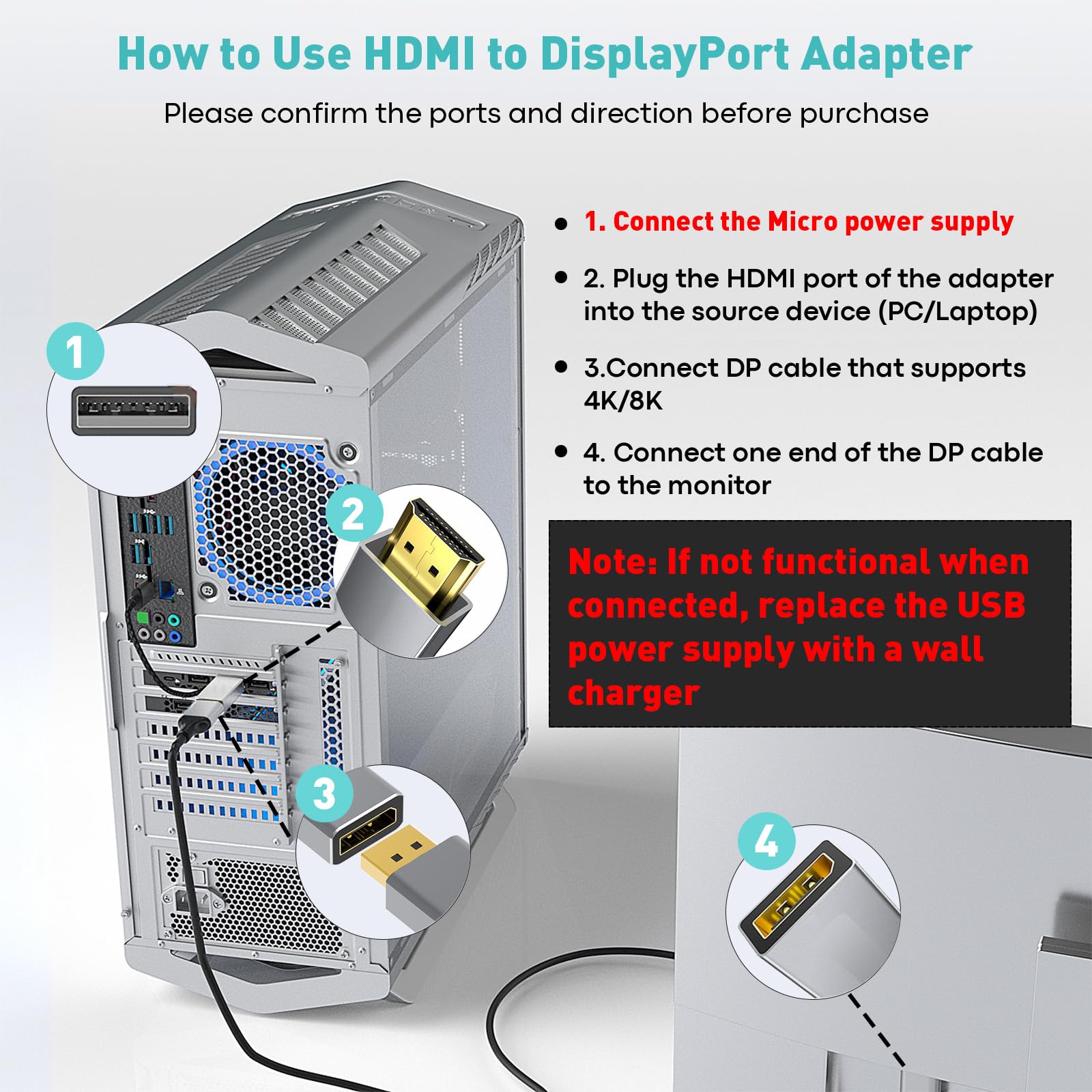 UANTIN HDMI to DisplayPort Adapter (4K 60Hz,1080p 120Hz) Uni-Directional Only, HDMI (Source) to DP (Display) Converter Male to Female for Laptop,AMD,NVIDIA,PS5,Xbox and More - 1 Pack