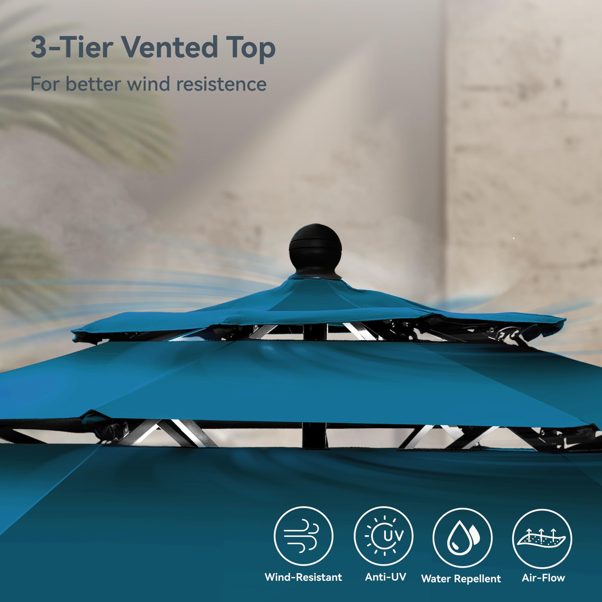 PHI VILLA 10ft Patio Umbrellas, Outdoor 3 Tier Vented Large Market Table Umbrella with 8 Sturdy Ribs and 1.5" Umbrellla Pole for Lawn Poolside Garden Terrace, Beige(No Base)