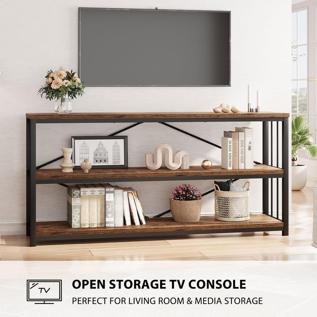 LVB Black Console Table, Modern Entryway Table for Hallway Living Room, Industrial Sofa Table Behind Couch, Farmhouse Wooden Metal Entry Table for Foyer with 3-Tier Storage Shelves, Black Oak, 55 Inch