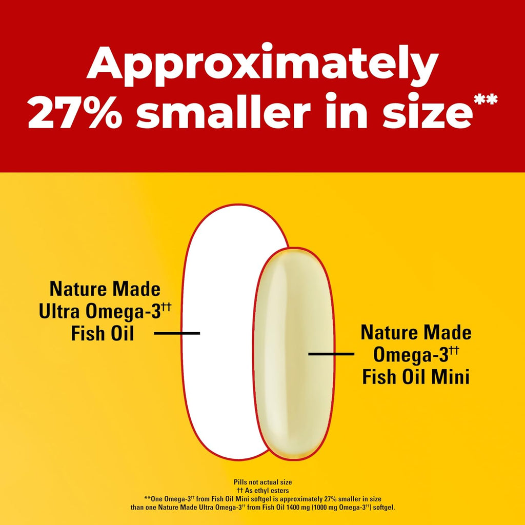 Nature Made Extra Strength Burp Less Fish Oil Omega 3 Supplements 1400 mg Minis, Omega 3 Fish Oil as Ethyl Esters for Healthy Heart Brain Eyes Support, 60 Softgels, 30 Day Supply