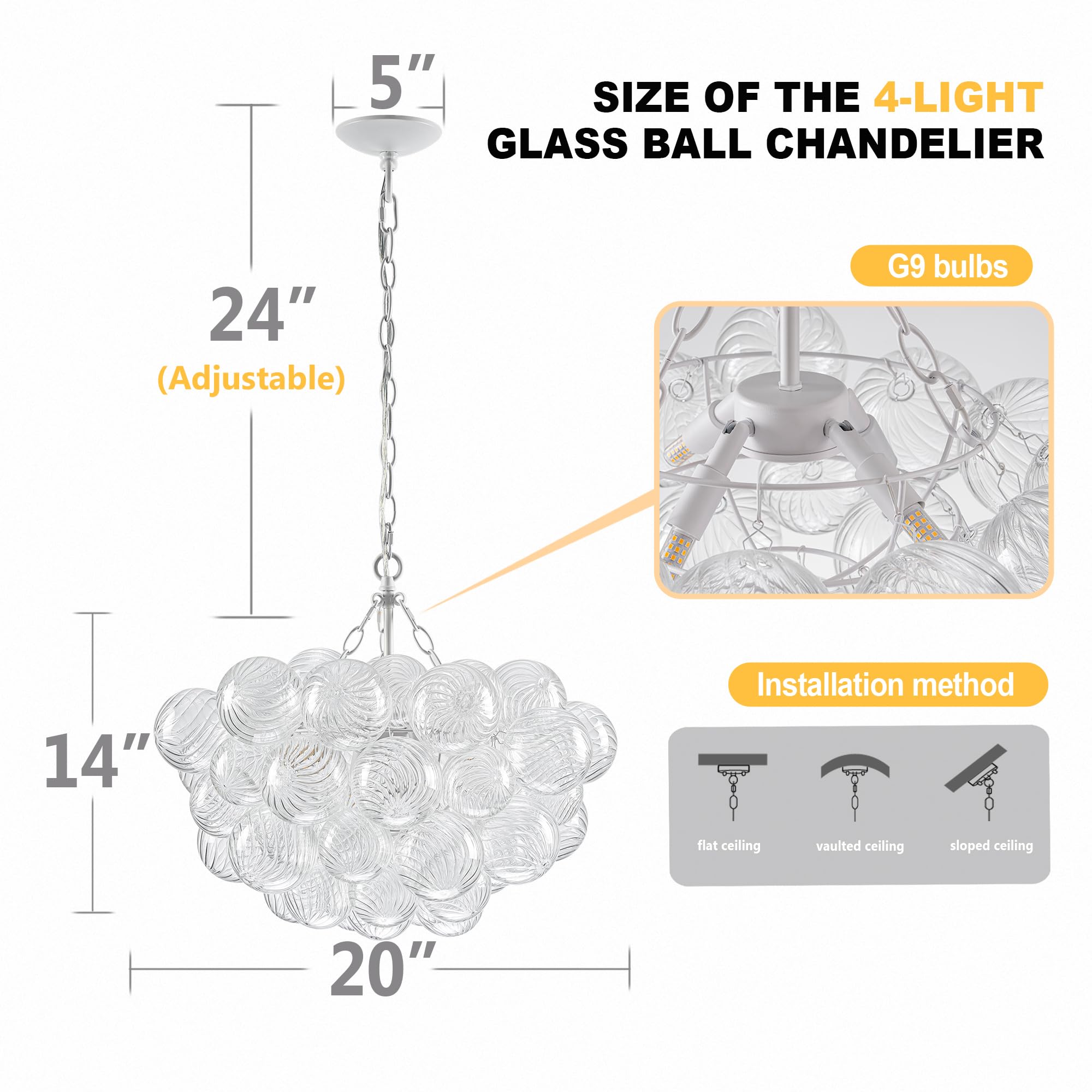 Longree Bubble Glass Ball Chandelier White 20" Dia Pendant Light | Swirled Glass Globe, for Dining Room Kitchen Bathroom Entry Bedroom