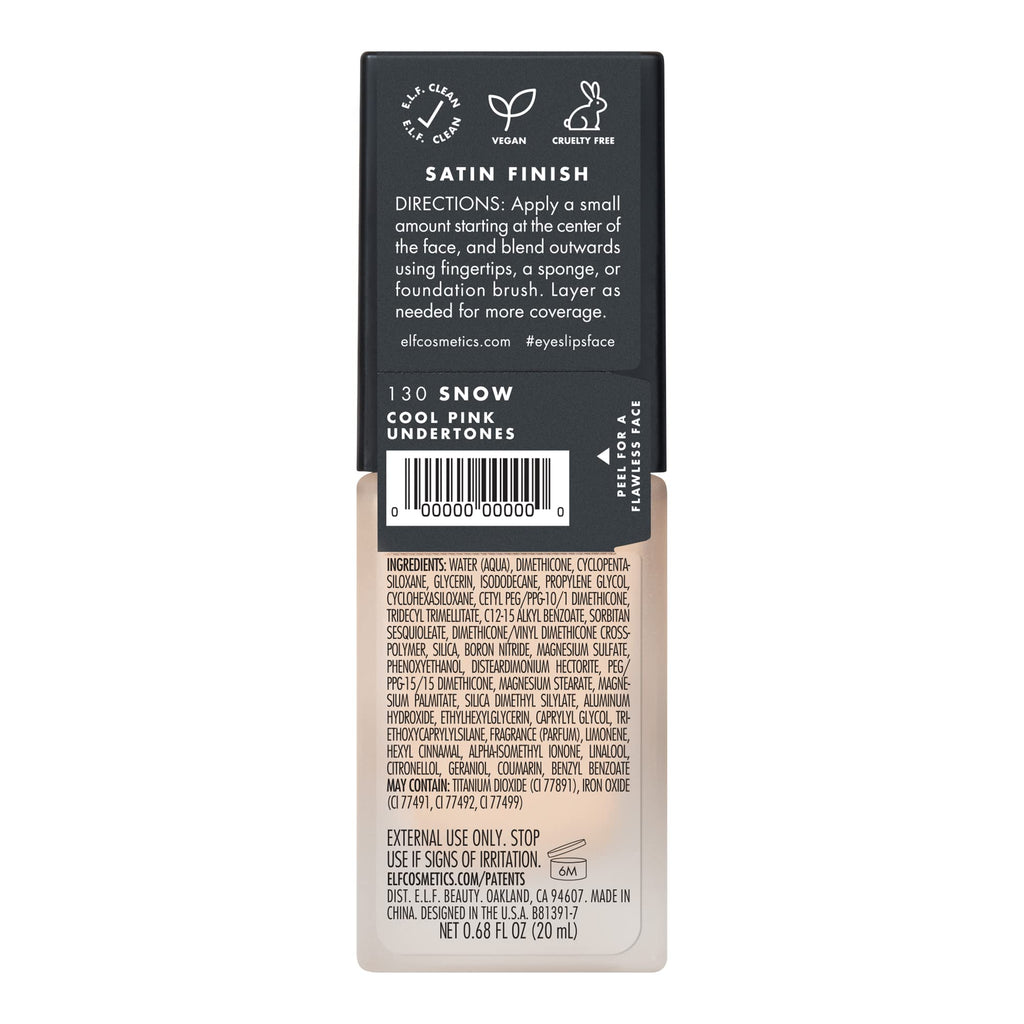 e.l.f. Flawless Satin Foundation, Lightweight & Medium Coverage, Semi-Matte Finish, Vegan & Cruelty-Free, Alabaster, 0.68 Fl Oz (20mL)