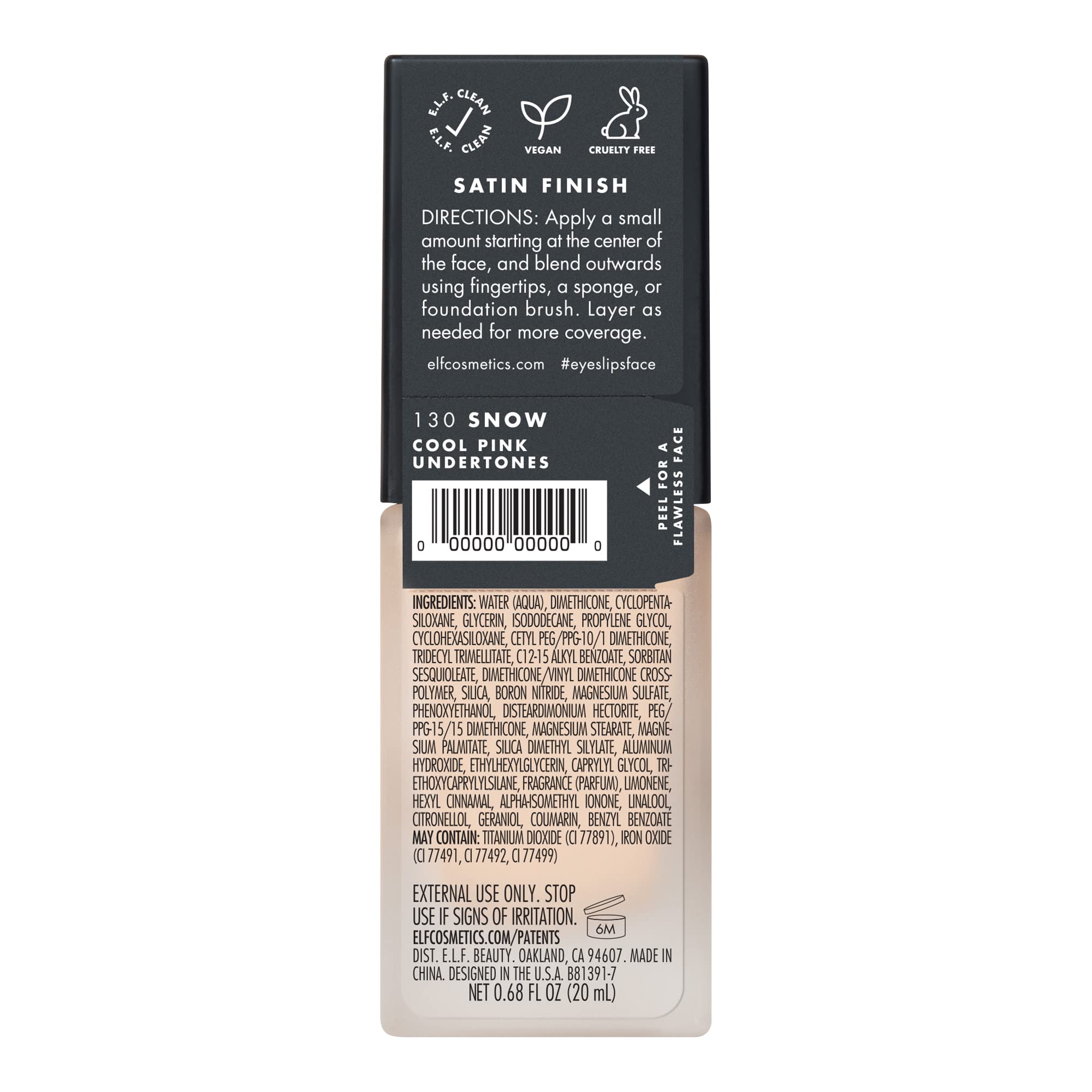 e.l.f. Flawless Satin Foundation, Lightweight & Medium Coverage, Semi-Matte Finish, Vegan & Cruelty-Free, Alabaster, 0.68 Fl Oz (20mL)