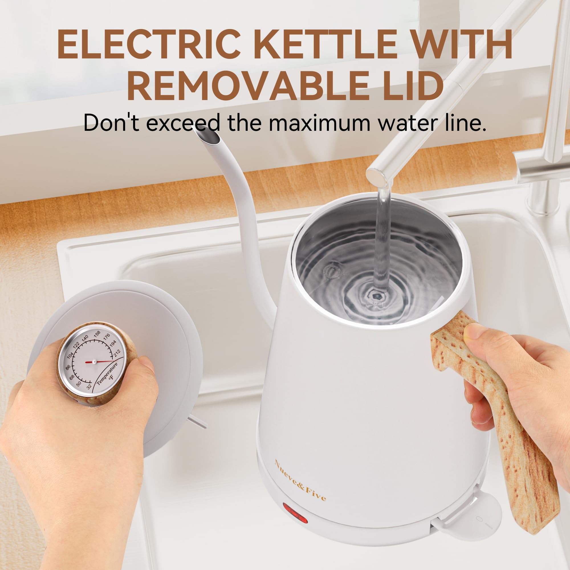 Nueve&Five Gooseneck Electric Kettle with Thermometer， Black Electric Kettle 1L with Auto Shut-Off，1000W Hot Water Kettle of Stainless Steel， Pour Over Kettle for Coffee & Tea