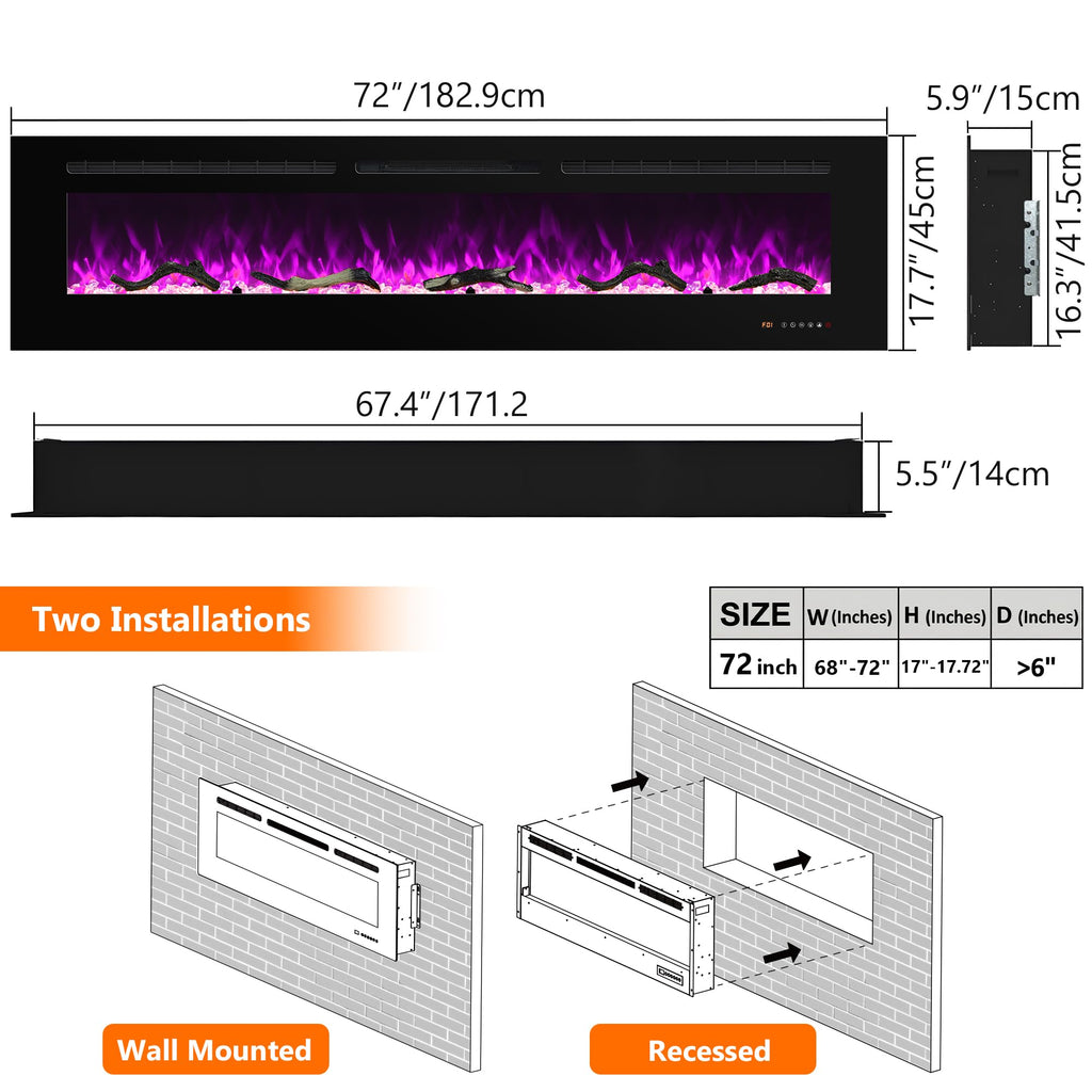 Electric Fireplace 30 inch Wide, Wall Mounted Fireplace Inserts Electric Heater, 13 * 13 Flame Effects Like Real Flame, Low Noise, Timer & Thermostat Setting, 750W/1500W, Black