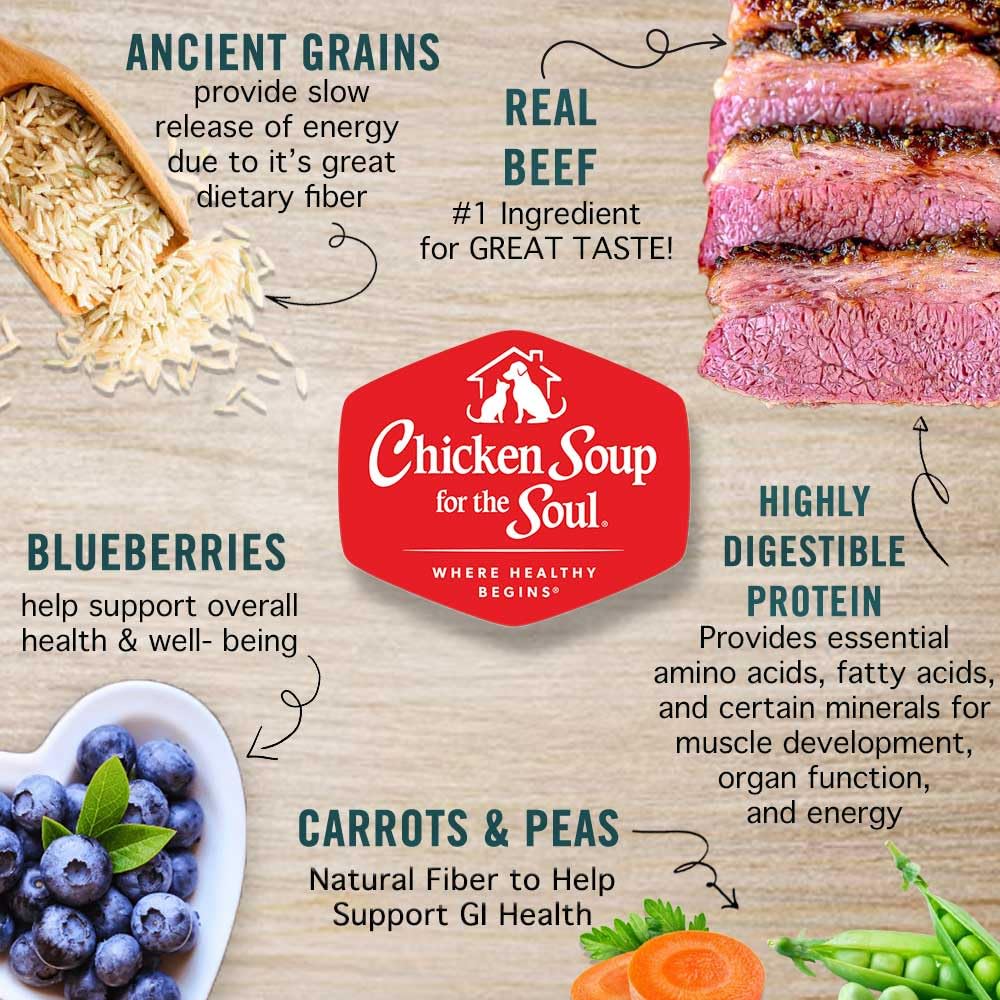 Chicken Soup for The Soul All Natural Premium Small Bites Adult Dry Dog Food, Real Meat First Ingredient, No by-Products, Supports Gut & Immune Health, Beef & Brown Rice, 13.5lb