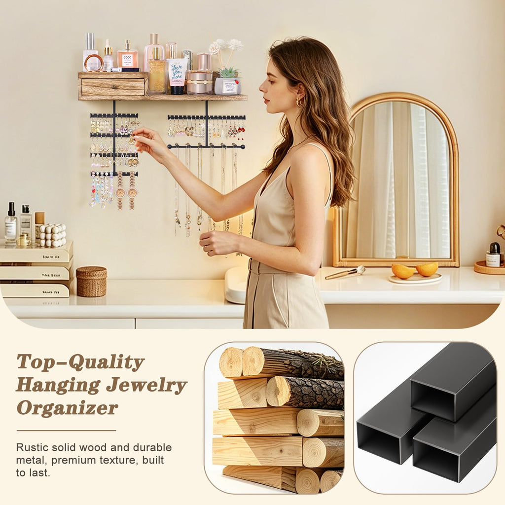 VINAEMO Jewelry Organizer Hanging Wall Mounted Jewelry Holder with Rustic Wood Drawer & Large Capacity Storage Shelf Rack Display for Earrings Rings Necklaces Bracelet(Black)