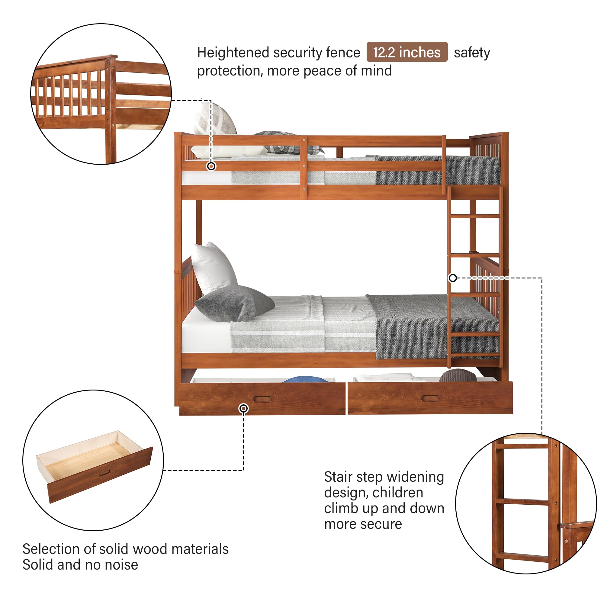 Merax Wood Bunk Bed with Two Drawers,Convertible Wood Bunk Bed with Ladders and Two Storage Drawers,Solid Wood Detachable Bed Frame with Ladders, Twin Over Full Size, Espresso