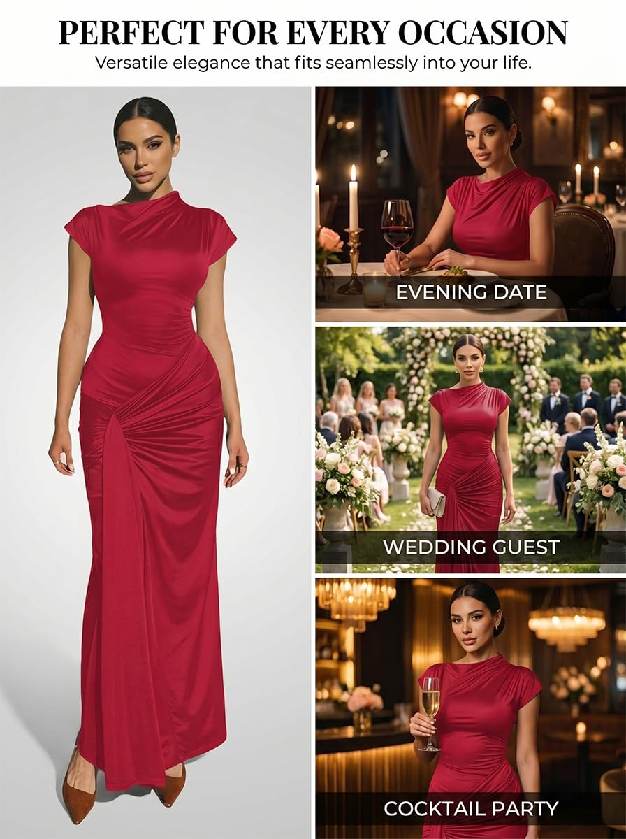 Mojessy Women Bodycon Maxi Dress Sexy Mock Neck Lace Up Bandage Ruched Short Sleeve Long Dress Cocktail Dress