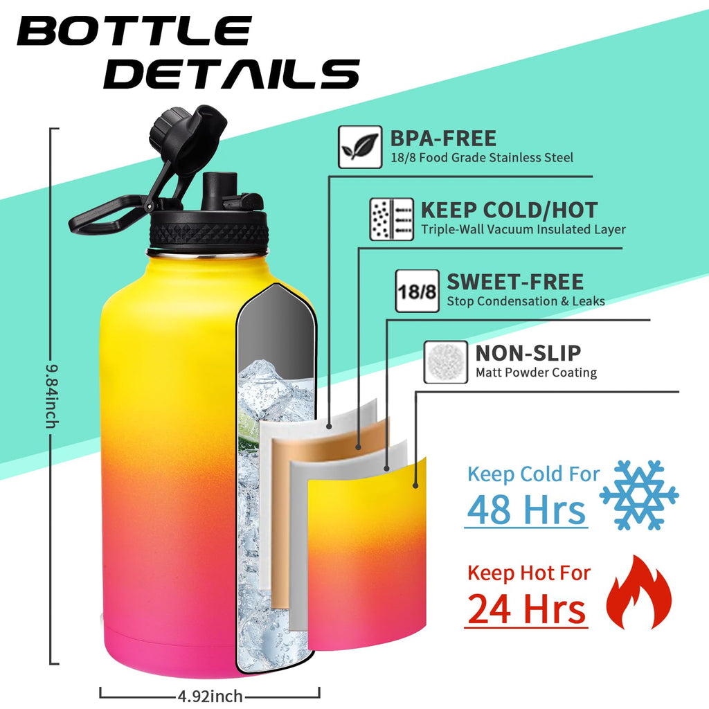 Insulated Water Bottle 32 oz - Cold-48h & Hot-24h Stainless Steel Vacuum Flask with Straw & Pop-up Chug Lid, Leak Proof 32oz Water Bottles, Wide Mouth Hydro Metal Thermal Cups for Gym Work