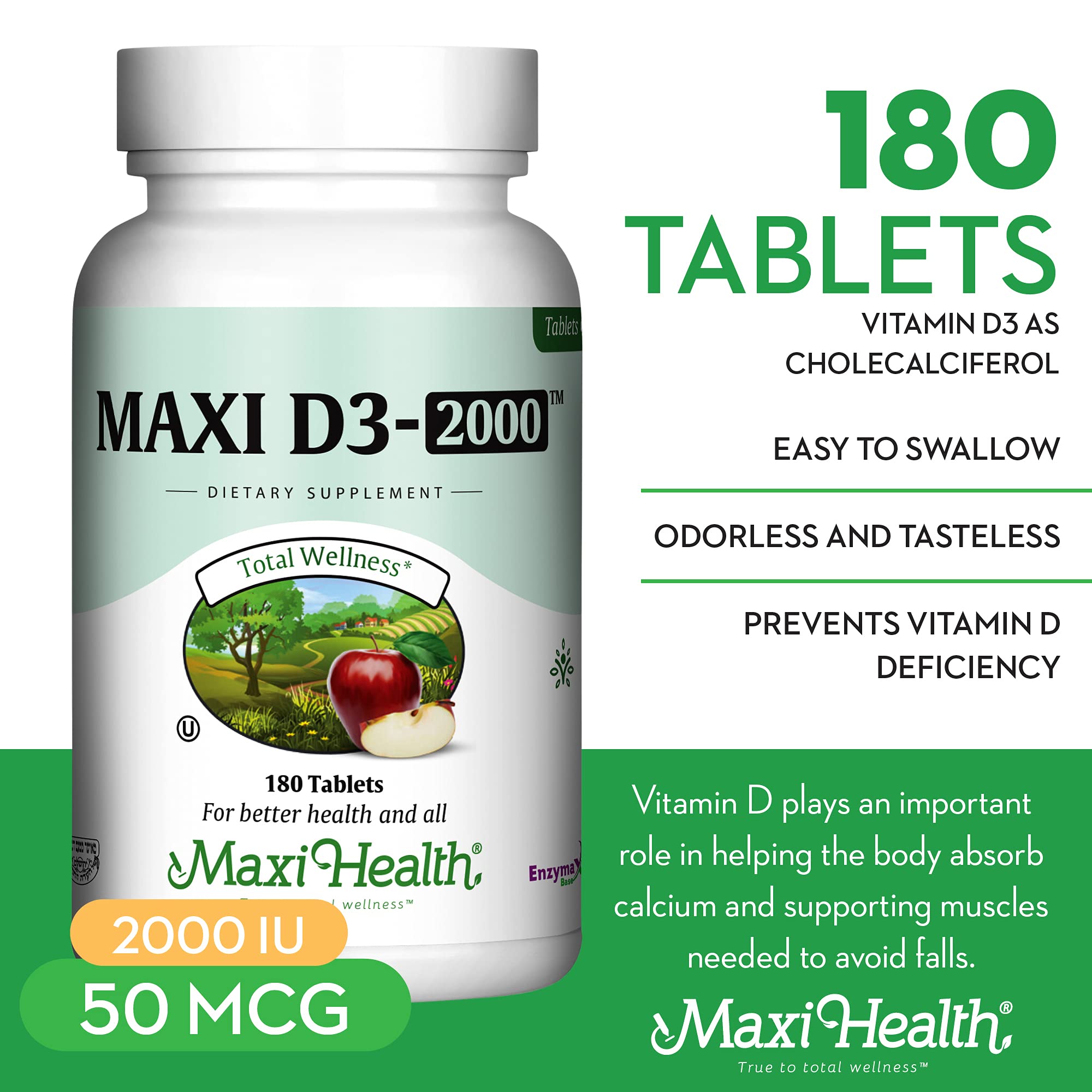 Maxi Health Vitamin D3 2000IU Tablets – Immune Support, Bone Health, and Muscle Function – Vitamin D 2000 IU Supplement for Adults – Kosher, Easy-to-Swallow, 90 Tablets