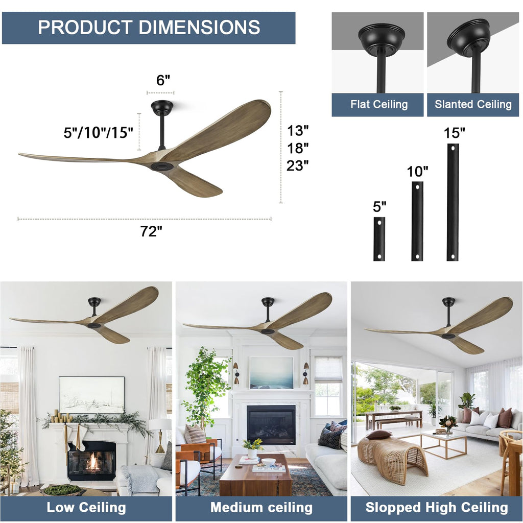 ABZ Ceiling Fans without Lights - 52 Inch Modern Ceiling Fans no Lights with Remote Control, Black 3 Blade Solid Wood Indoor Outdoor Ceiling Fans for Patios Living Room Bedroom