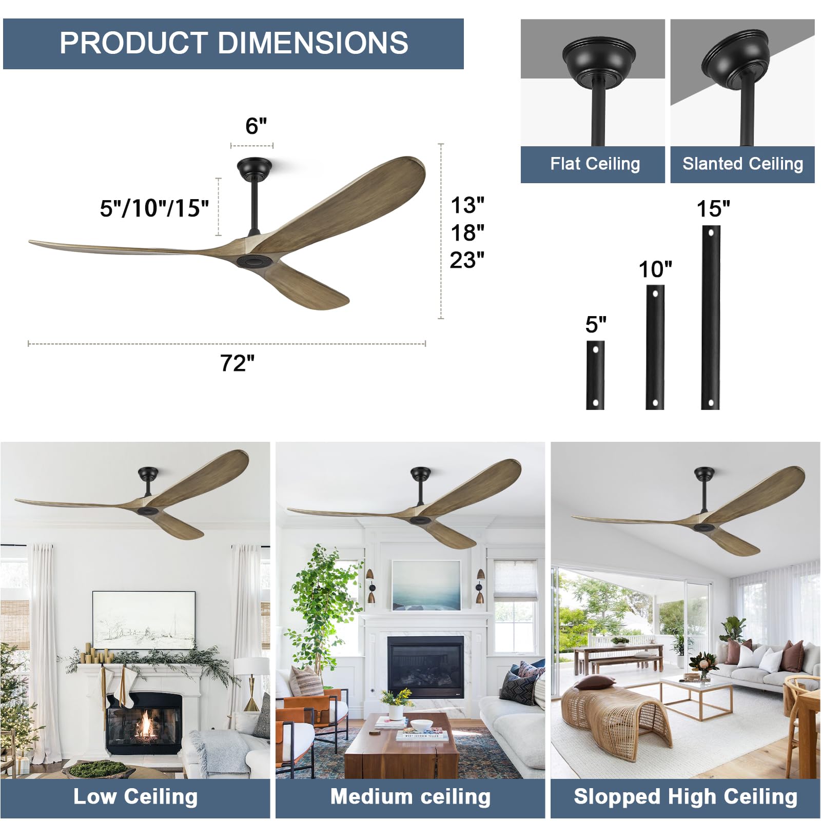 ABZ Ceiling Fans without Lights - 52 Inch Modern Ceiling Fans no Lights with Remote Control, Black 3 Blade Solid Wood Indoor Outdoor Ceiling Fans for Patios Living Room Bedroom