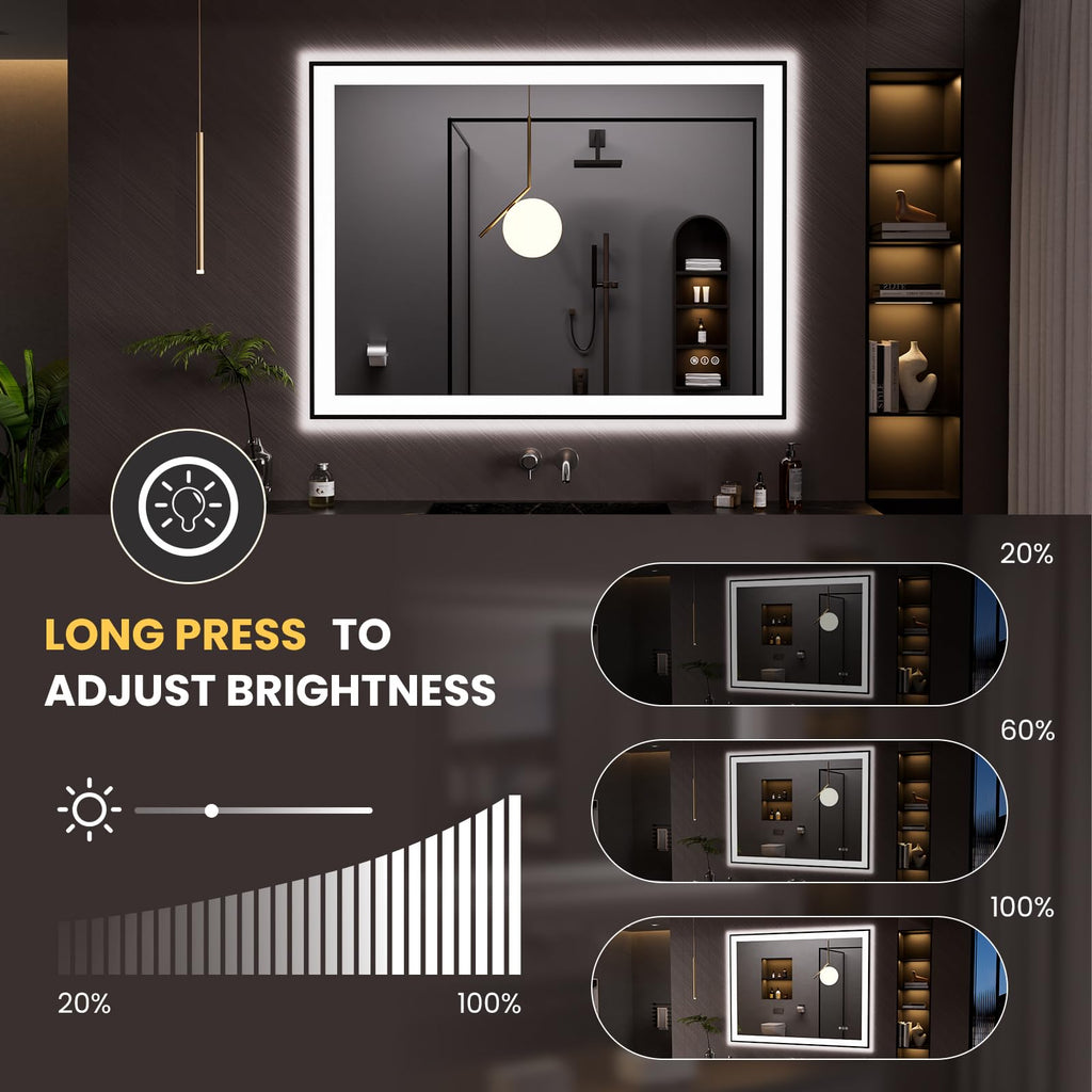 LOAAO 20"X28" LED Bathroom Mirror Black Framed | Anti-Fog, Dimmable, Memory Function, Tempered Glass, Lighted Vanity Mirror for Wall