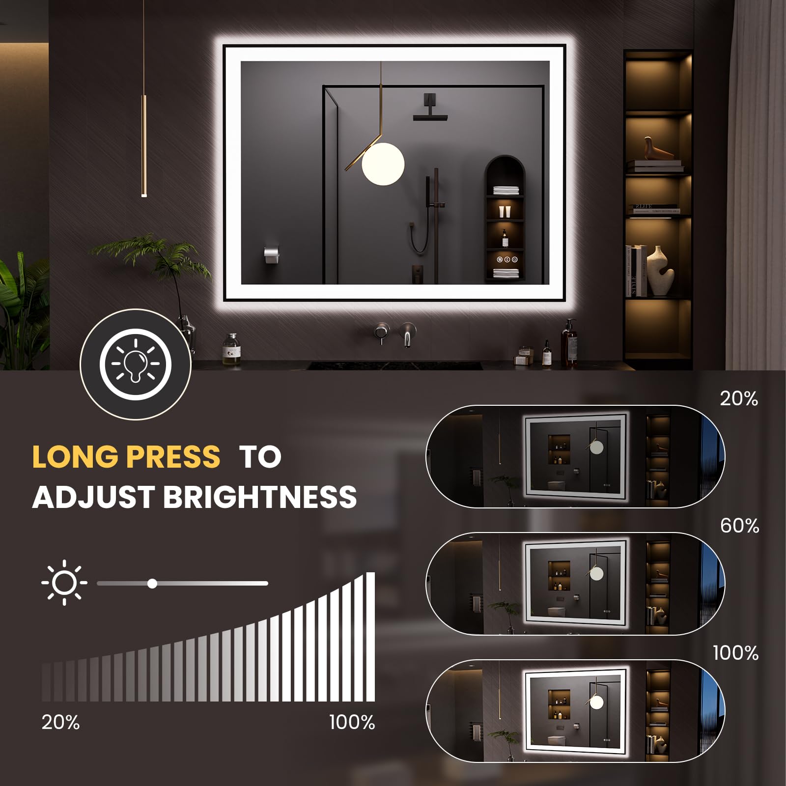 LOAAO 20"X28" LED Bathroom Mirror Black Framed | Anti-Fog, Dimmable, Memory Function, Tempered Glass, Lighted Vanity Mirror for Wall