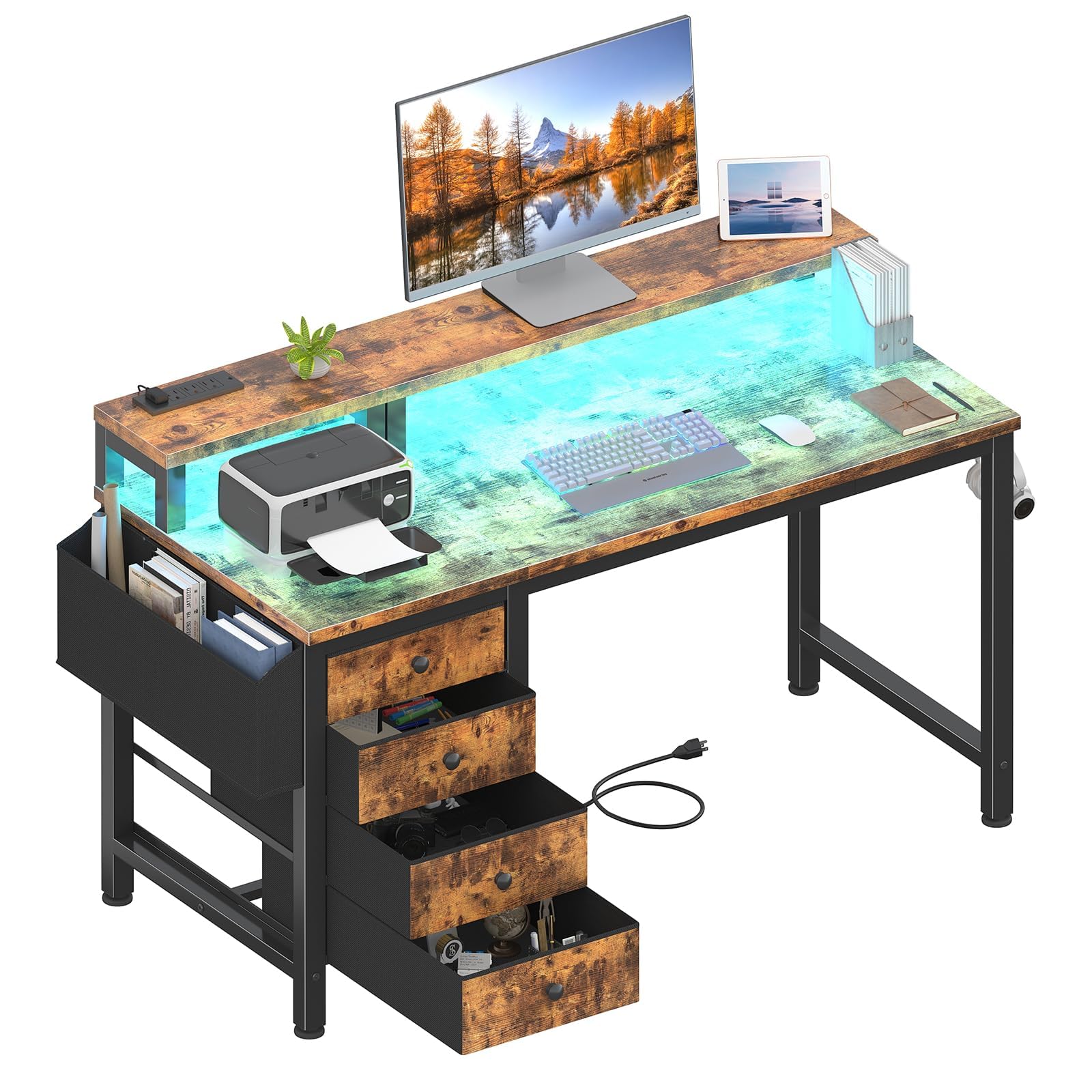 Lufeiya White Desk with 4 Drawers - 47 inch Gaming Desk with Monitor Stand, Reversible Computer Gaming Table with LED Lights Power Outlets and Storage Bag Fabric Drawer for Home Office, Bedroom, White