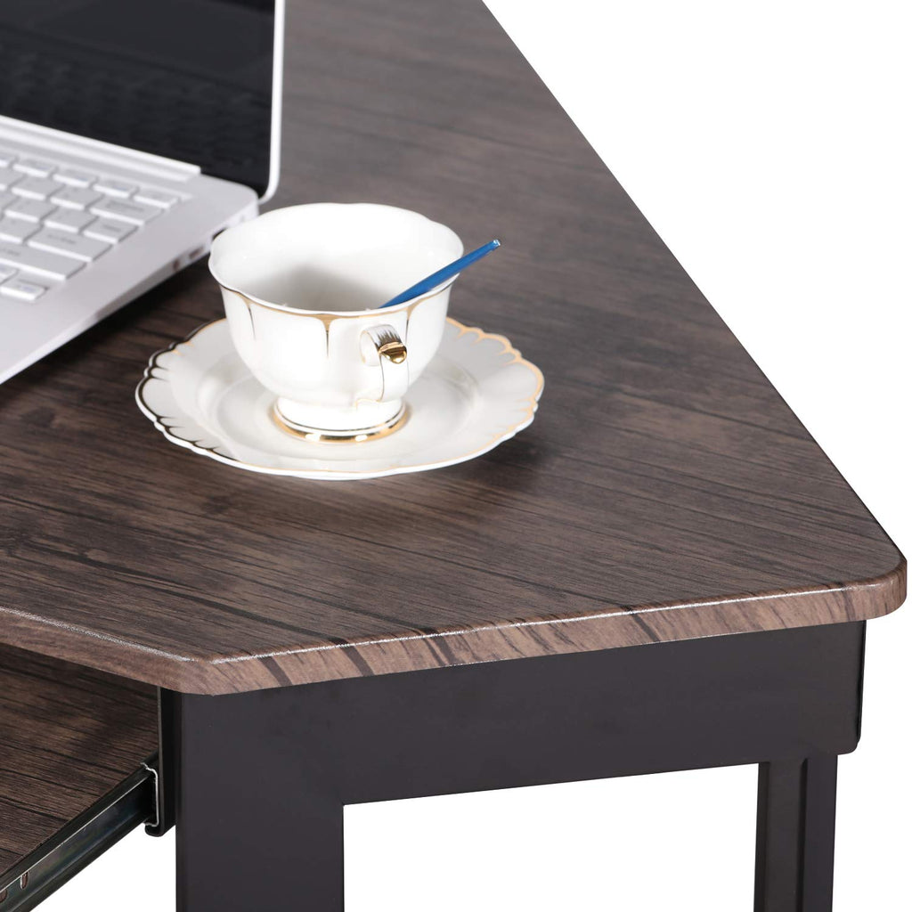 VECELO Corner Desk Computer Desk Writing Table with Smooth Keyboard Tray & Storage Shelves,Compact Home Office Triangle Table,Antique Brown