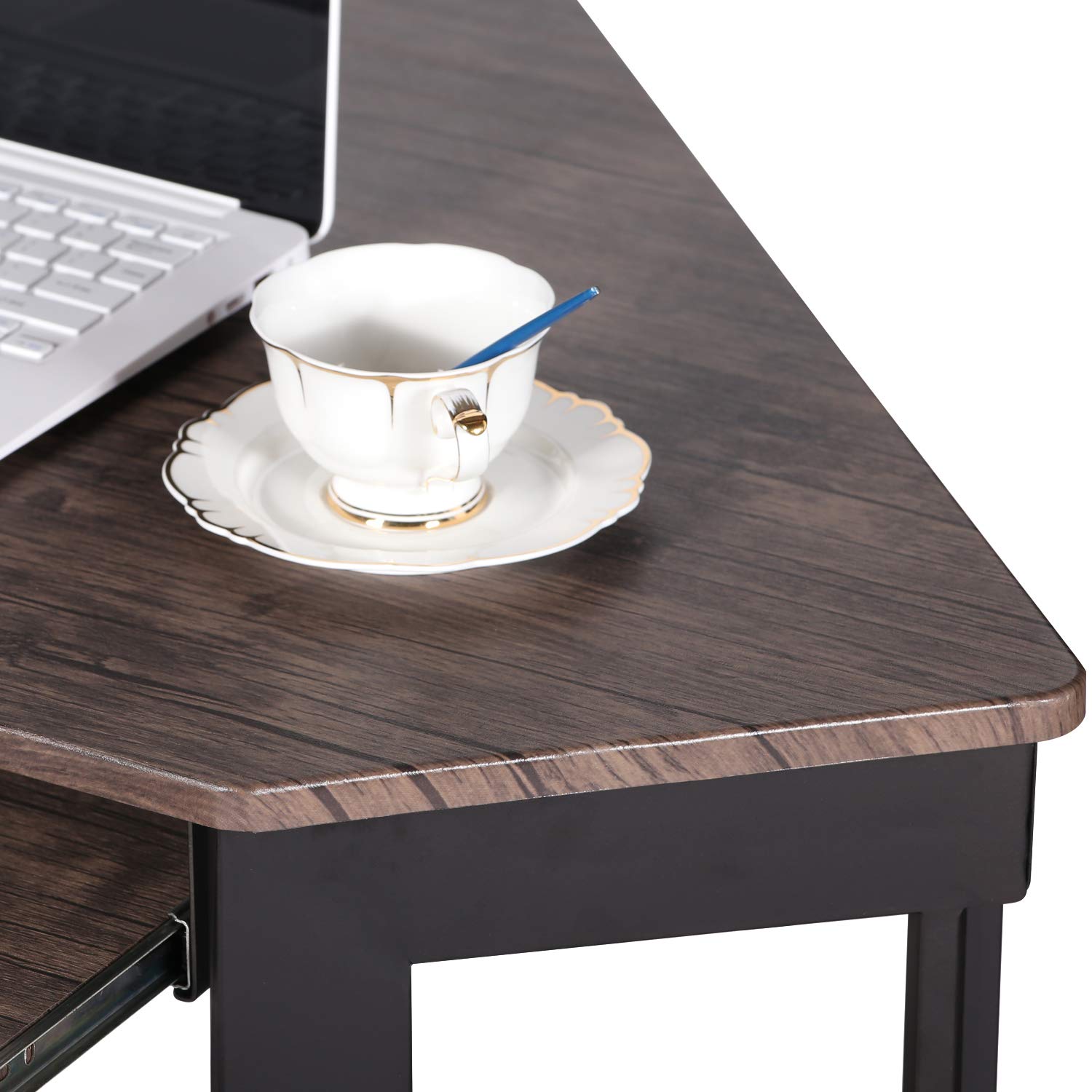 VECELO Corner Desk Computer Desk Writing Table with Smooth Keyboard Tray & Storage Shelves,Compact Home Office Triangle Table,Antique Brown