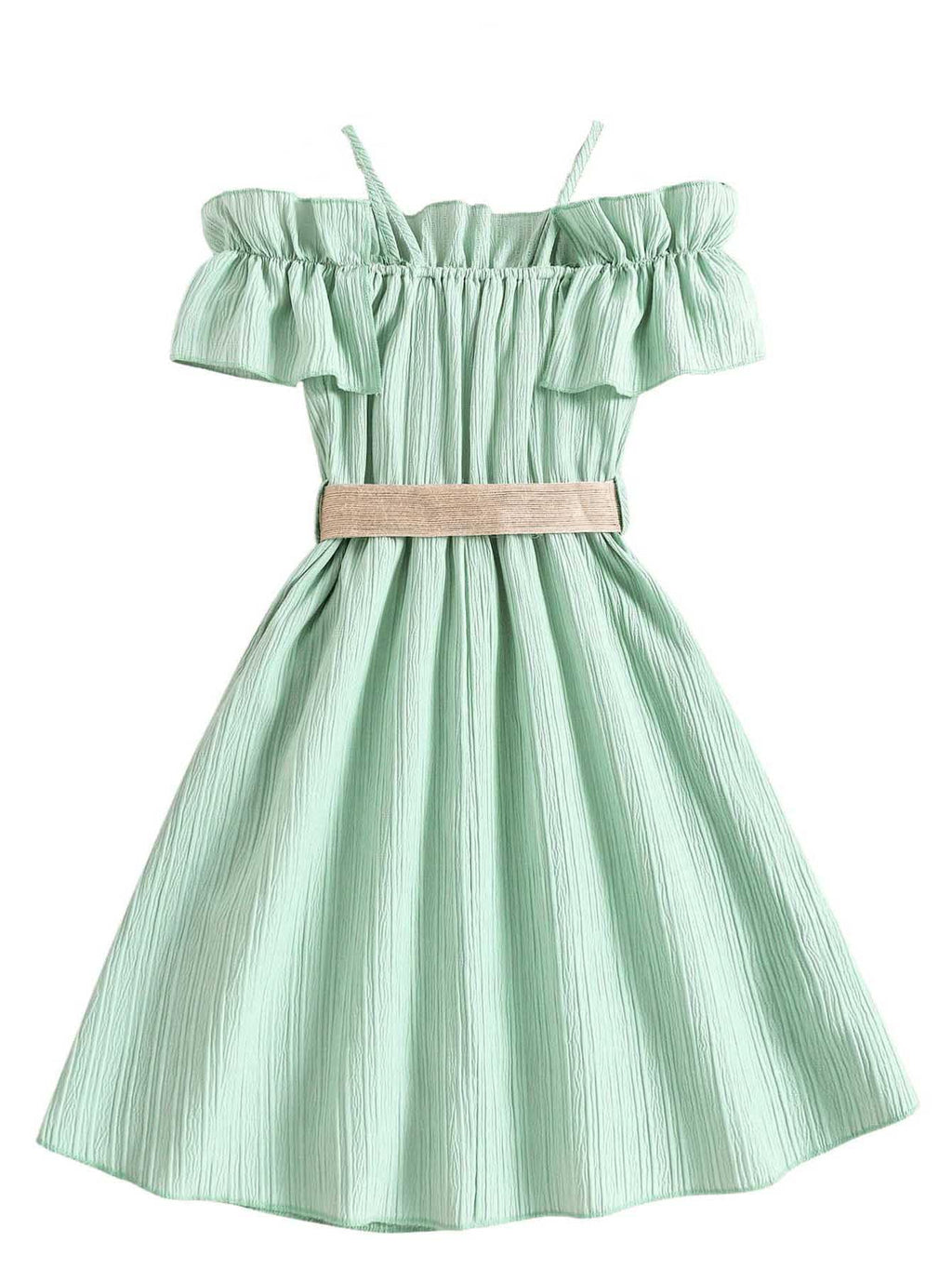 Floerns Girls Cold Shoulder Ruffle Trim Short Sleeve Belted A Line Midi Dress
