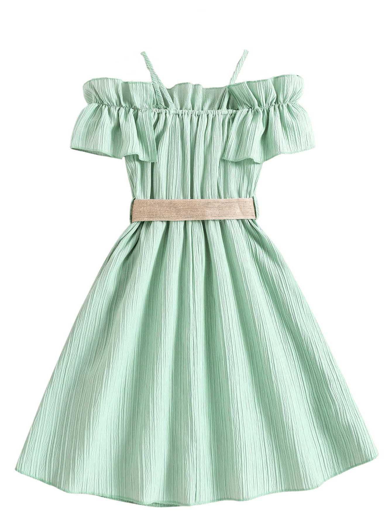 Floerns Girls Cold Shoulder Ruffle Trim Short Sleeve Belted A Line Midi Dress