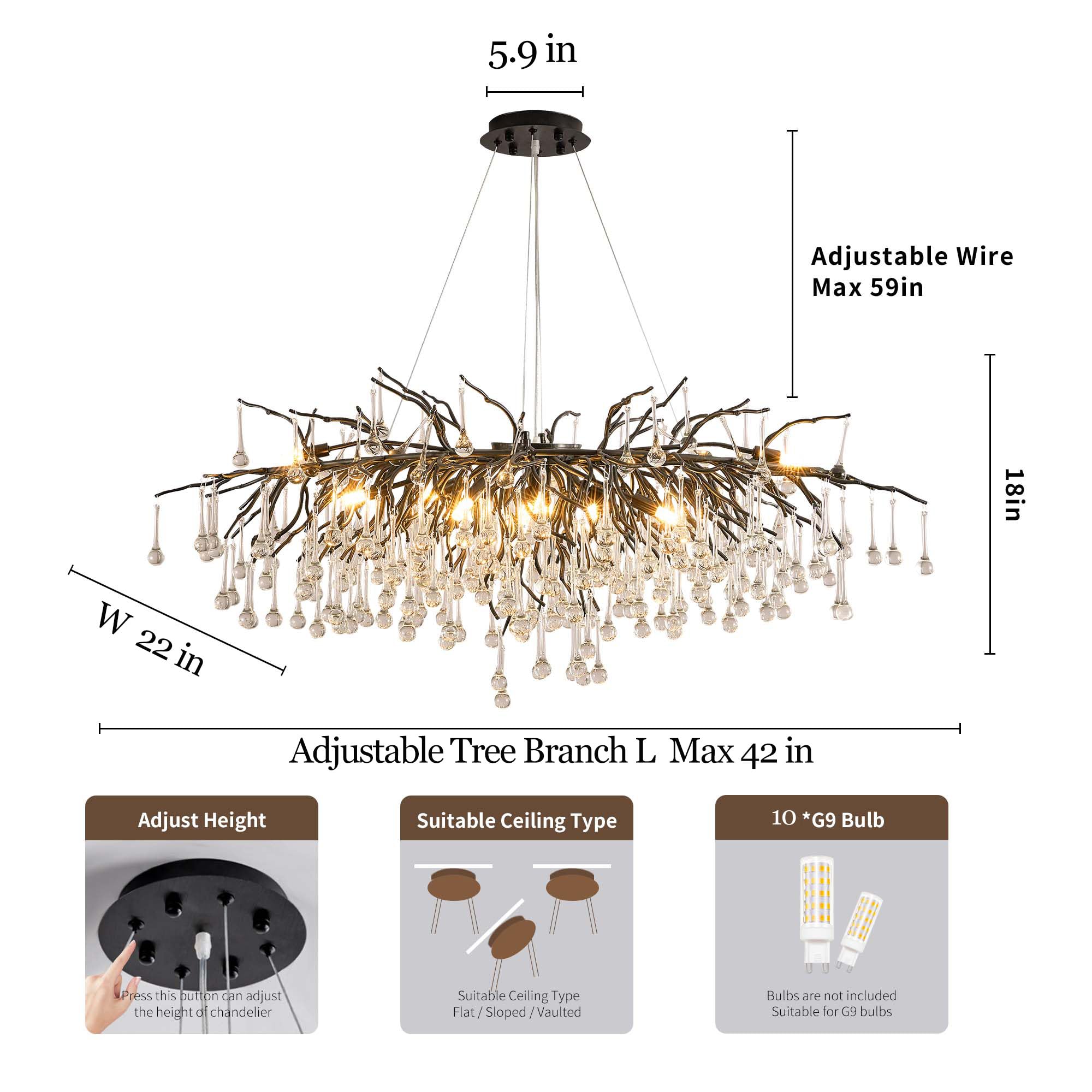 Modern Crystal Raindrop Chandelier, L40'' Black Linear Rectangle Art Deco Tree Branch Lighting Fixture for Kitchen Island Living Room Foyer Staircase 10 Lights